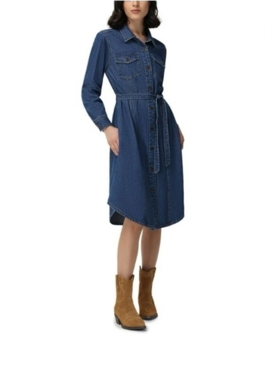 Frye Indigo Denim Shirt Midi Dress with Tie Waist - Picture 4 of 7